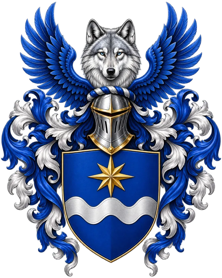 Wappen der Familie Velmer mit Wolf, blauen Flügeln und goldenem Stern